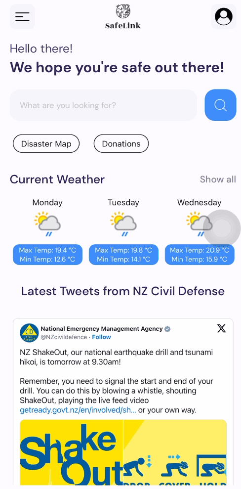 SafeLink React Native app showing a natural disaster alert and safe-zone map view